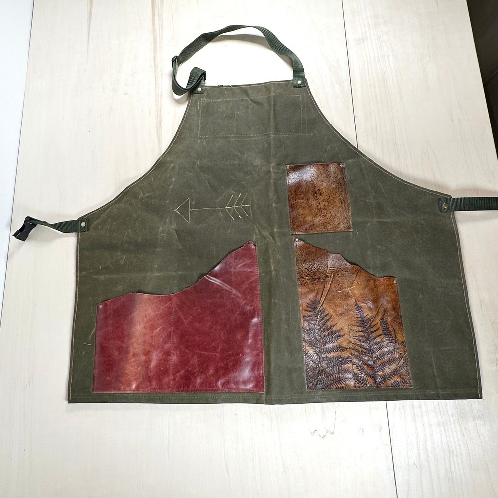 Heavy‎ Duty Waxed Canvas Leather Fern Pocket Apron Green Adjustable Workwear